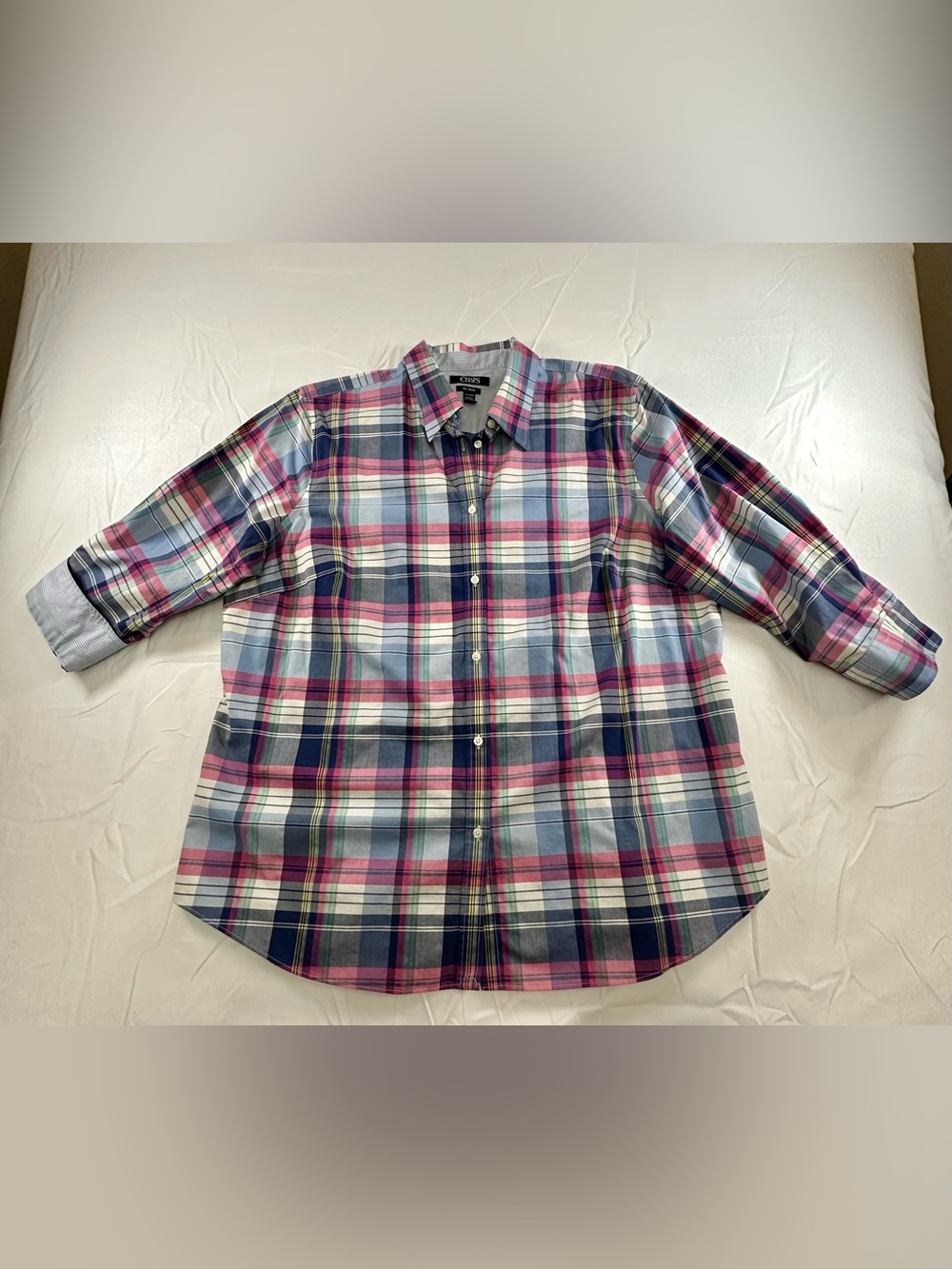Chaps Plaid Button-Down Shirt in Pink, Navy & White